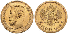 Russia 5 Roubles 1902 AP - Nicholas II (1894-1917)
4.29g. Au 0.900. UNC/UNC. Beautiful mint state specimen. Bitkin 29; Sidorov 4021. PLEASE NOTE: This...