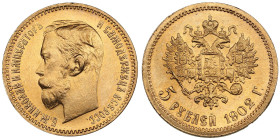 Russia 5 Roubles 1902 AP - Nicholas II (1894-1917)
4.31g. Au 0.900. UNC/UNC. Gorgeous lustrous specimen with light toning. Bitkin 29; Sidorov 4021. PL...