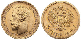 Russia 5 Roubles 1902 AP - Nicholas II (1894-1917)
4.30g. Au 0.900. UNC/UNC. Gorgeous lustrous specimen with light toning. Bitkin 29; Sidorov 4021. PL...