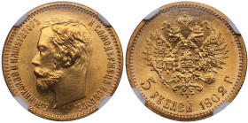 Russia 5 Roubles 1902 AP - Nicholas II (1894-1917) - NGC MS 67+
Standard weight - 4.3g. Au 0.900. An outstanding example. Bitkin 29; Sidorov 4021. PLE...