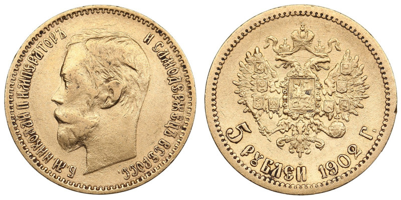 Russia 5 Roubles 1902 АР - Nicholas II (1894-1917)
4.27g. Au 0.900. VF/XF. Bitki...