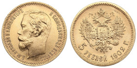 Russia 5 Roubles 1902 АР - Nicholas II (1894-1917)
4.29g. Au 0.900. UNC/UNC. Splendid brilliant exemplar. Bitkin 29; Sidorov 4021. PLEASE NOTE: This l...