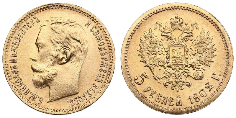 Russia 5 Roubles 1902 АР - Nicholas II (1894-1917)
4.31g. Au 0.900. UNC/UNC. Spl...