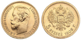 Russia 5 Roubles 1902 АР - Nicholas II (1894-1917)
4.32g. Au 0.900. UNC/UNC. Splendid brilliant exemplar. Bitkin 29; Sidorov 4021. PLEASE NOTE: This l...