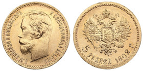 Russia 5 Roubles 1902 АР - Nicholas II (1894-1917)
4.30g. Au 0.900. UNC/UNC. Splendid brilliant exemplar. Bitkin 29; Sidorov 4021. PLEASE NOTE: This l...