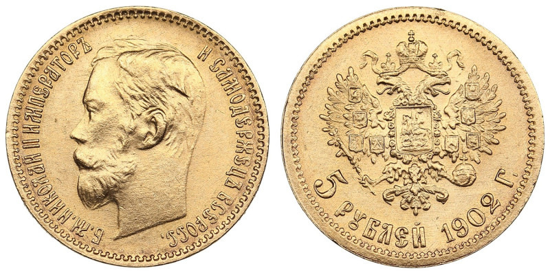 Russia 5 Roubles 1902 АР - Nicholas II (1894-1917)
4.31g. Au 0.900. UNC/UNC. Spl...