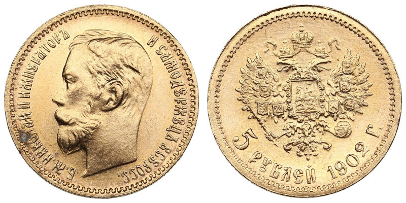 Russia 5 Roubles 1902 АР - Nicholas II (1894-1917)
4.32g. Au 0.900. UNC/UNC. Spl...
