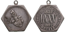 Latvia (Neibāde / Saulkrasti) Silver Hexagonal Jeton (Medal) 1897 - 75th Anniversary of Neubad Seaside Resort
5.49g. 25mm. The obverse shows a coat of...