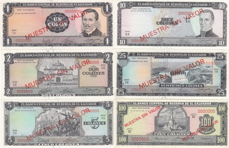 El Salvador 1- 100 Colon 1970-72 (6) Specimens
UNC. Pick 114s-119s.