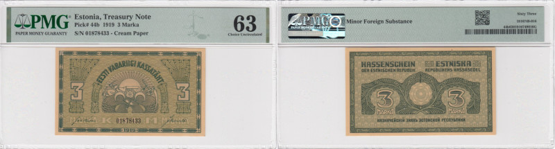 Estonia 3 Marka 1919 - PMG 63 Choice Uncirculated
Pick 44b.