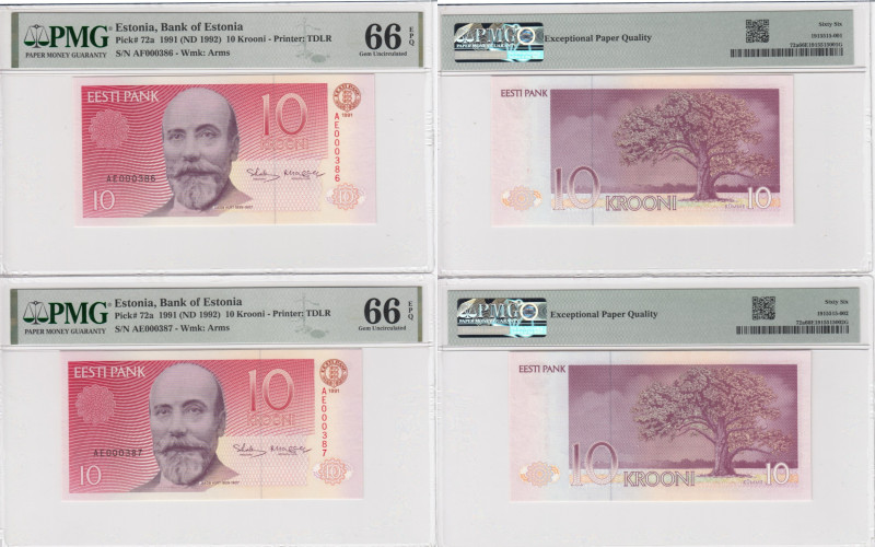Estonia 10 Krooni 1991 (ND 1992) - Consecutive numbers - PMG 66 EPQ Gem Uncircul...