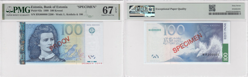 Estonia 100 Krooni 1999 - SPECIMEN - PMG 67 EPQ Superb Gem Unc
PROOV overprint. ...