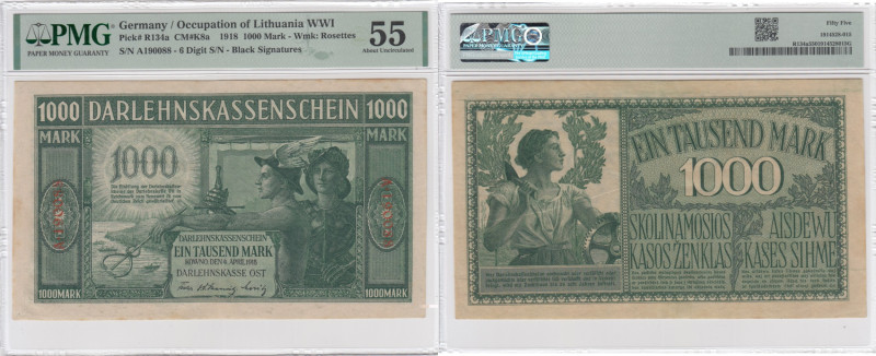 Germany (Occupation of Lithuania WWI, Kowno) 1000 Mark 1918 - PMG 55 About Uncir...