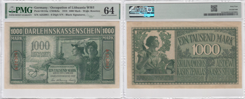 Germany (Occupation of Lithuania WWI, Kowno) 1000 Mark 1918 - PMG 64 Choice Unci...
