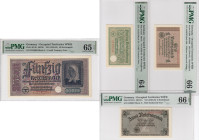Collection of Germany (Occupied Territories, WWII), ND (1940–1945): 50, 20, 5, 2, and 1 Reichsmark, plus 50 Reichspfennig — PMG Graded 64–66 UNC (6 no...