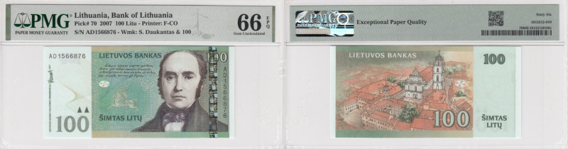 Lithuania 100 Litu 2007 - PMG 66 EPQ Gem Uncirculated
Pick 70.