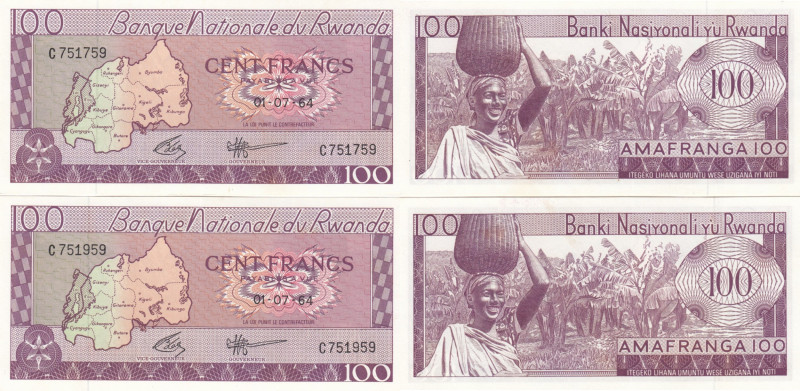 Rwanda 100 Francs 1964 (2) Fancy #
UNC. Pick 8a.