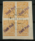 Estonia Tallinn local stamps 1919 1 kopeek
Fourblock, cancelation 30.09.19. 
Sold as seen, no returns.
