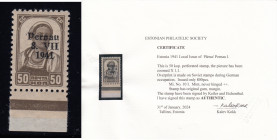 Estonia stamp 50 kop. with Pernau 8. VII 1941 overprint - with Certificate
Mi. No. 10 I. MNH, Certificate K.Kokk. Margins RARE. Stamp signed by Keiler...