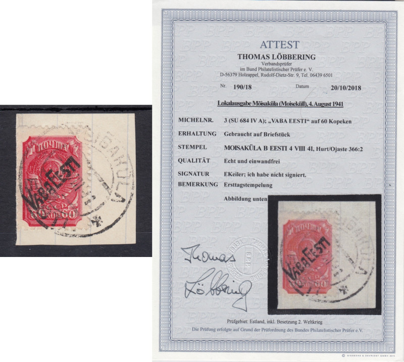 Estonia stamp Mõisaküla 60 kop with Vaba Eesti overprint - with Certificate
Mi. ...