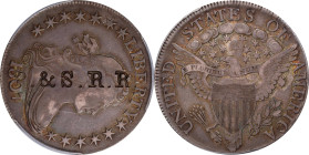 P. & S.R.R. on the obverse of an 1807 O-102 Draped Bust half dollar. cf. Brunk P-8, Rulau NH-Po 5. EF Details--Damage (PCGS).
Different from the cata...