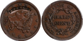 PERKINS. on the obverse of an 1854 Braided Hair half cent. Brunk P-351, Rulau-Unlisted. EF Details--Damage (PCGS).
The PCGS qualifier for damage in u...
