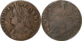 1787 Connecticut Copper. Miller 25-b, W-3100. Rarity-3. Draped Bust Left. Fine-12 (PCGS).
PCGS# 370. NGC ID: 2B2X.

Estimate: $180