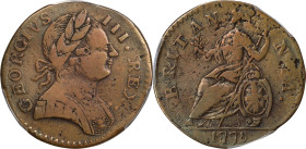 1778 Machin's Mills Halfpenny. Vlack 12-78B, W-7830. Rarity-3. GEORGIVS III, Group III. VF Details--Edge Repaired (PCGS).
PCGS# 466. NGC ID: 2B45.
...