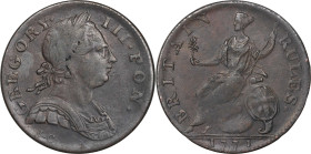 1771 Regal Evasion Halfpenny. Cobwright G.1135/B.0220, Atkins-361. About Uncirculated.
96.61 grains. Choice and glossy medium brown surfaces. GREGORY...