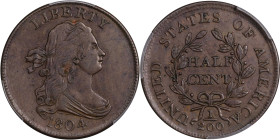 1804 Draped Bust Half Cent. C-9. Rarity-2. Crosslet 4, Stems to Wreath. AU Details--Cleaned (PCGS).
PCGS# 1069. NGC ID: 222F.

Estimate: $250