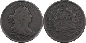 1805 Draped Bust Half Cent. C-1. Rarity-1. Medium 5, Stemless Wreath. Fine-12 (PCGS).
PCGS# 1081. NGC ID: 222H.

Estimate: $225
