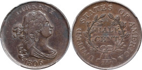 1806 Draped Bust Half Cent. C-1. Rarity-1. Small 6, Stemless Wreath. AU-50 (PCGS).
PCGS# 1093. NGC ID: 222J.

Estimate: $700