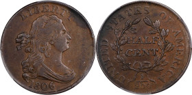 1806 Draped Bust Half Cent. C-1. Rarity-1. Small 6, Stemless Wreath. EF-45 (PCGS).
PCGS# 35191. NGC ID: 222J.

Estimate: $400