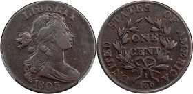 1803 Draped Bust Cent. S-250, B-10. Rarity-3. Small Date, Small Fraction. VF-30 (PCGS).
PCGS# 1482. NGC ID: 224G.

Estimate: $625