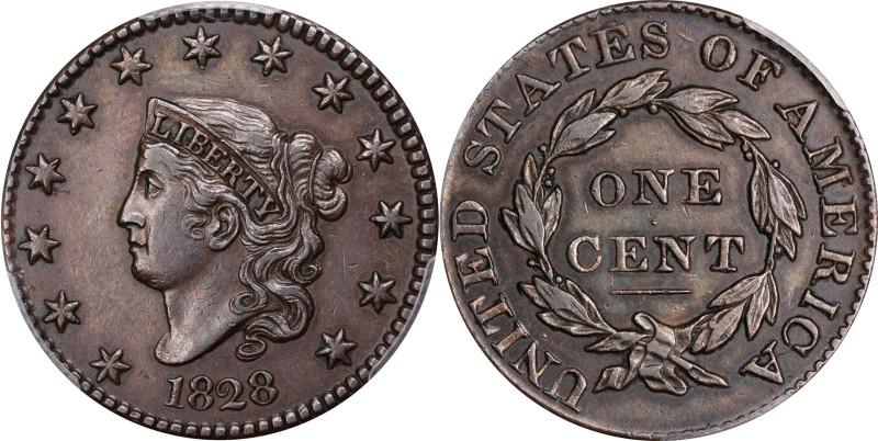 1828 Matron Head Cent. N-1. Rarity-1. Large Narrow Date. AU-53 (PCGS).
PCGS# 36...