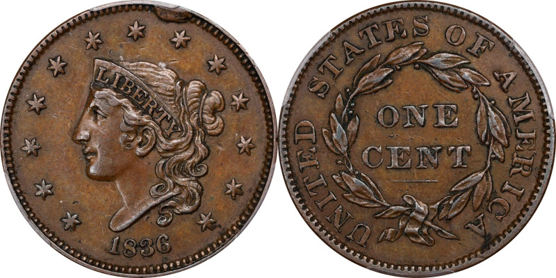 1836 Modified Matron Head Cent. N-6. Rarity-2. AU-53 (PCGS).
PCGS# 37126. NGC I...