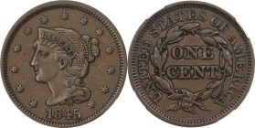 1845 Braided Hair Cent. N-9. Rarity-2. AU-53 BN (NGC).
PCGS# 397764. NGC ID: 226B.

Estimate: $125