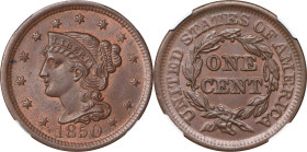 1850 Braided Hair Cent. N-7. Rarity-2. MS-64 BN (NGC). CAC.
PCGS# 405880. NGC ID: 226G.

Estimate: $650