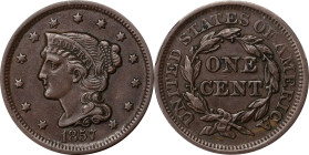 1857 Braided Hair Cent. N-4. Rarity-1. Small Date. AU-55 (PCGS).
PCGS# 1931. NGC ID: 226P.

Estimate: $350