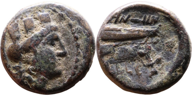Phoenicia (I century BC) Bronze coin. Obverse: Bust of Tyche. Reverse: Galley
...