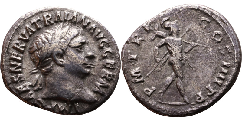 Trajan (98-117) Denarius. Obverse: Laureate bust right, draped Reverse: Mars wal...