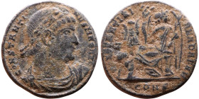 Constantine I (306-337 AD). AE. Follis, Obv: Diademed head right, eyes raised to God Rev: CONSTANTINIANA DAFNE, Victory seated left on cippus, head ri...