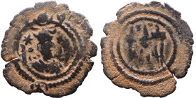 Kavad I(488-531) Bronze coin Obv: Bust of a king wearing a crown, turned to the right. Rev: Blazing altar of fire situated between two guards

18mm ...