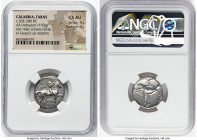 CALABRIA. Tarentum. Ca. 302-280 BC. AR didrachm (21mm, 7.93 gm, 2h). NGC Choice AU 4/5 - 4/5. Arethon, Sa-, and Sas-, magistrates. Nude youth on horse...