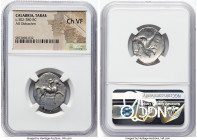 CALABRIA. Tarentum. Ca. 302-280 BC. AR didrachm (25mm, 4h). NGC Choice VF. Cratinus, Ago-, and Xor-, magistrates. Nude youth on horse stepping right, ...