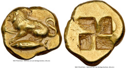 MYSIA. Cyzicus. Ca. 500-450 BC. EL sixth-stater or hecte (11mm, 2.70 gm). NGC Choice VF 3/5 - 4/5. Ca. 480 BC. Lion crouched left on tunny fish left, ...