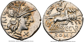C. Curiatius f. Trigeminus (ca. 135 BC). AR denarius (18mm, 3.98 gm, 7h). NGC Choice AU 5/5 - 4/5. Rome. TRIG, head of Roma right, wearing pendant ear...