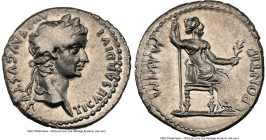 Tiberius (AD 14-37). AR denarius (19mm, 3.83 gm, 8h). NGC AU 2/5 - 4/5. Lugdunum, ca. AD 18-35. TI CAESAR DIVI-AVG F AVGVSTVS, laureate head of Tiberi...
