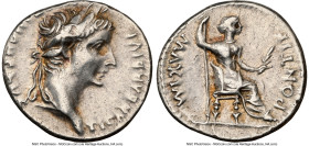 Tiberius (AD 14-37). AR denarius (17mm, 3.67 gm, 6h). NGC Choice VF 4/5 - 4/5. Lugdunum, ca. AD 18-35. TI CAESAR DIVI-AVG F AVGVSTVS, laureate head of...