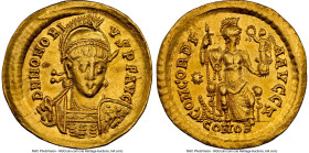 Honorius, Western Roman Empire (AD 393-423). AV solidus (20mm, 4.38 gm, 5h). NGC Choice XF 5/5 - 4/5. Constantinople, 7th officina, ca. AD 397-402. D ...